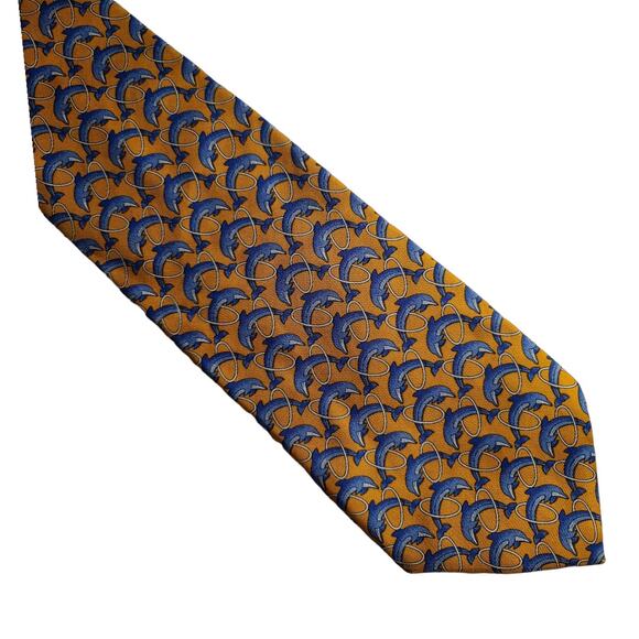 Brooks Brothers yellow silk tie with blue dolphins jumping through hoops - Picture 1 of 5